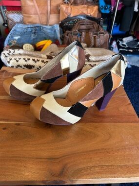 Unbranded Patchwork Multicolor Block Heel Pumps - Cream, Brown, Black, Gold